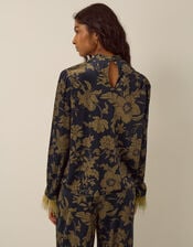 Princella Feather Sleeve Floral Velvet Top, Blue (NAVY), large