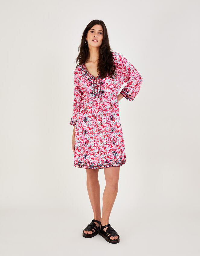 Floral Embroidered Kaftan Dress in LENZING™ ECOVERO™, Red (RED), large