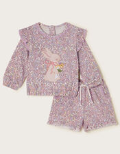 Bunny Applique Floral Sweatshirt and Shorts Set, Purple (LILAC), large