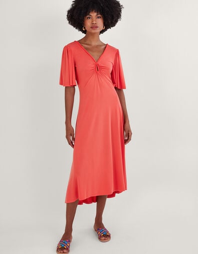 Jersey Pom-Pom Trim Keyhole Detail Dress, Pink (PINK), large