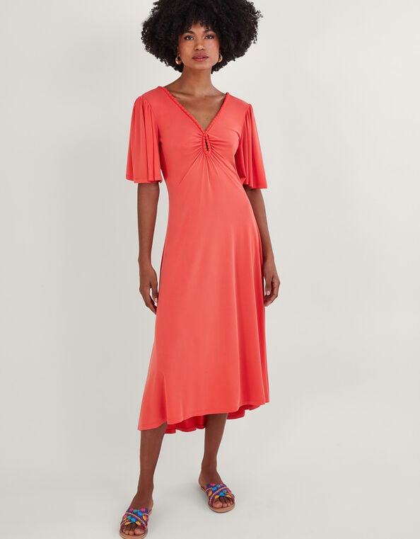 Jersey Pom-Pom Trim Keyhole Detail Dress, Pink (PINK), large