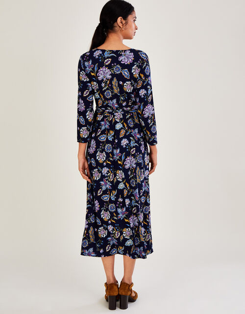 Ribbed Jersey Floral Wrap Dress, Blue (NAVY), large