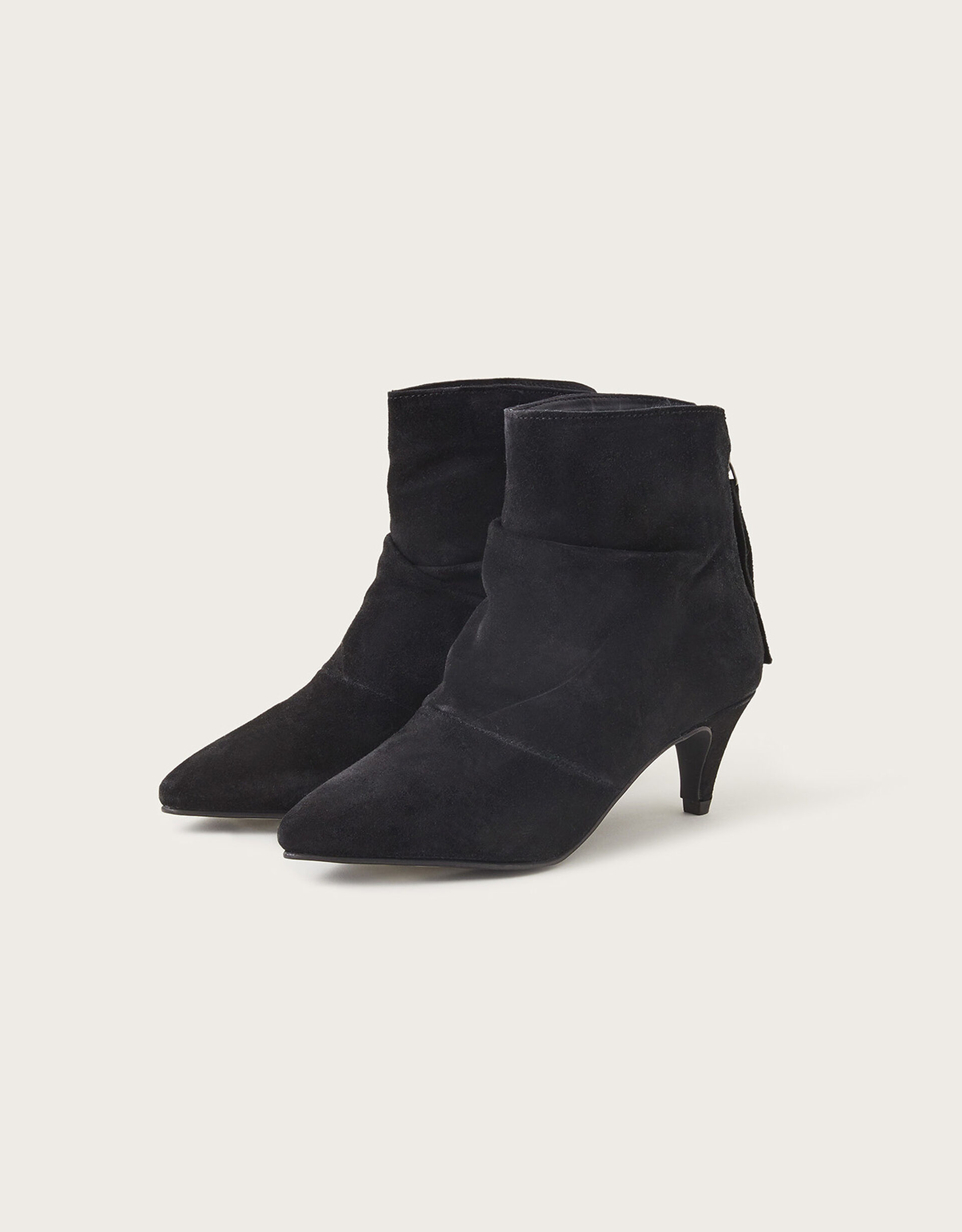 Ruched Suede Kitten Heel Boots Black