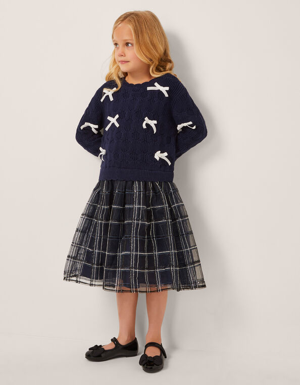 Bow Knit 2-in-1 Check Dress, Blue (NAVY), large