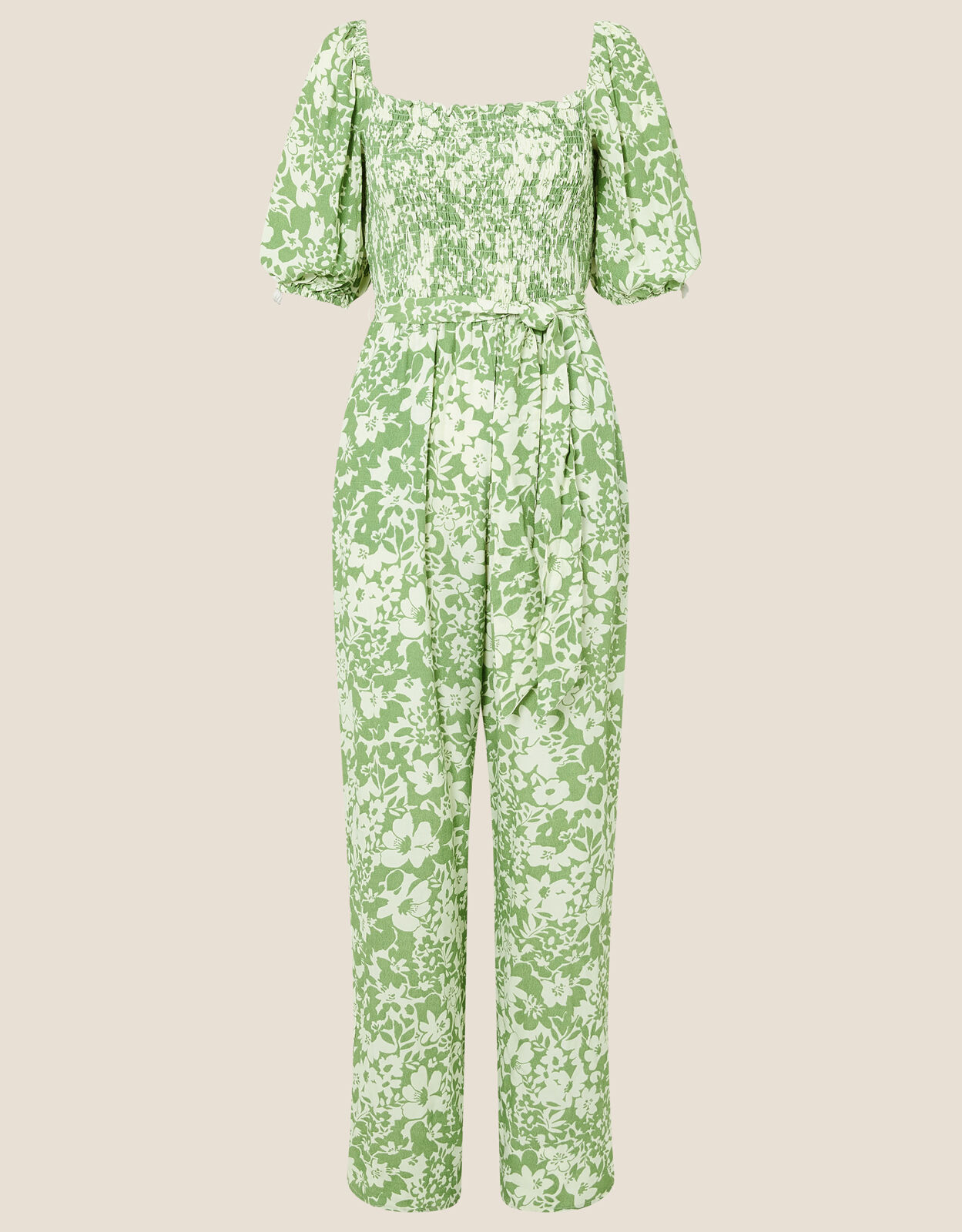 Julia Floral Shirred Jumpsuit Green 