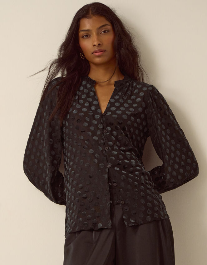 Sally Polka Dot Devor&eacute; Jersey Blouse, Black (BLACK), large