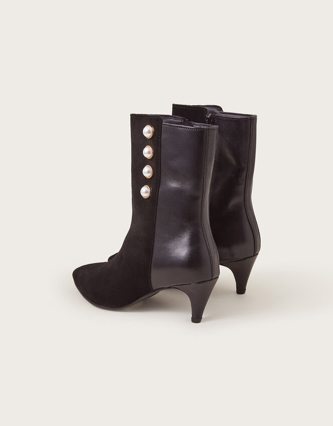 Pearl Button Leather Ankle Boots, Black (BLACK), large