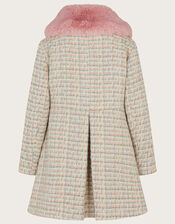 Skirted Tweed Coat with Faux Fur Collar, Grey (GREY), large
