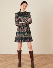 Embroidered Chest Printed Dress, Black (BLACK), large