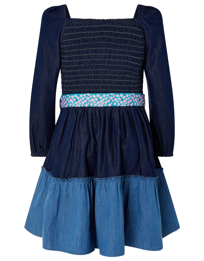 Shirred Denim Dress, Blue (BLUE), large
