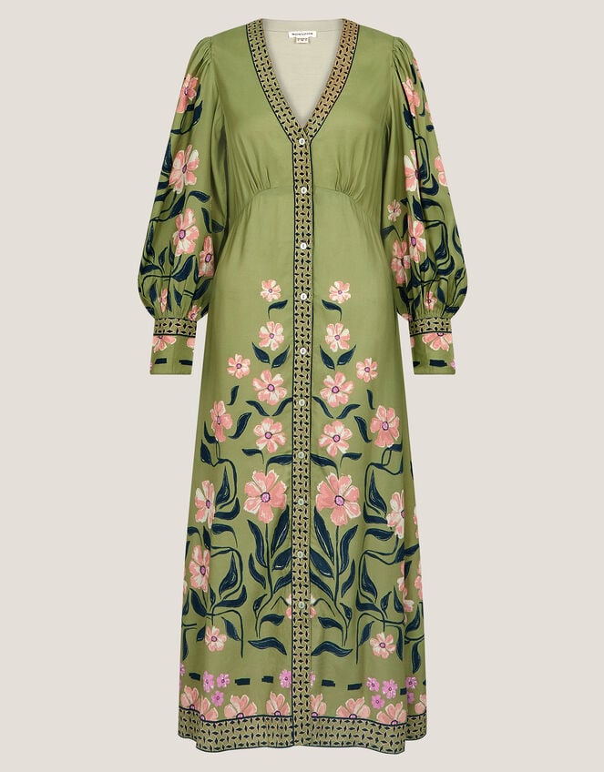 Belle Floral Blouson Midi Dress, Green (GREEN), large