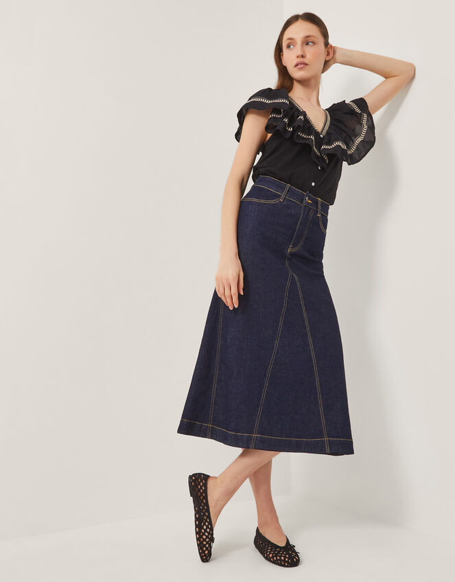 Goldie Godet Denim Skirt, Blue (INDIGO), large