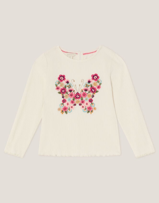 Butterfly Embroidered Ribbed Top, Ivory (IVORY), large