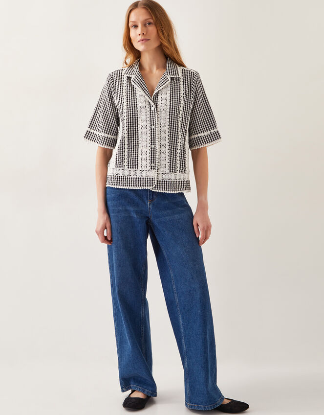 Zoe Lace Gingham Cotton Shirt, Black (BLACK), large