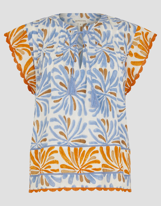 Cece Woodblock Print Top, Blue (BLUE), large