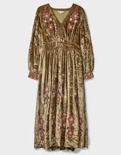 East Sophia Floral Embroidered Velvet Midi Dress, Green (GREEN), large