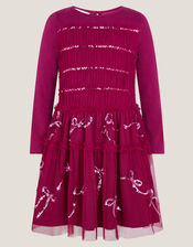 Bow Embellished Jersey Tulle Dress, Red (RED), large