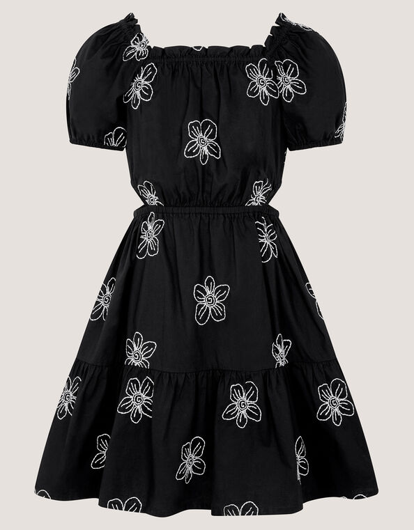 Puff Sleeve Floral Embroidered Dress, Black (BLACK), large