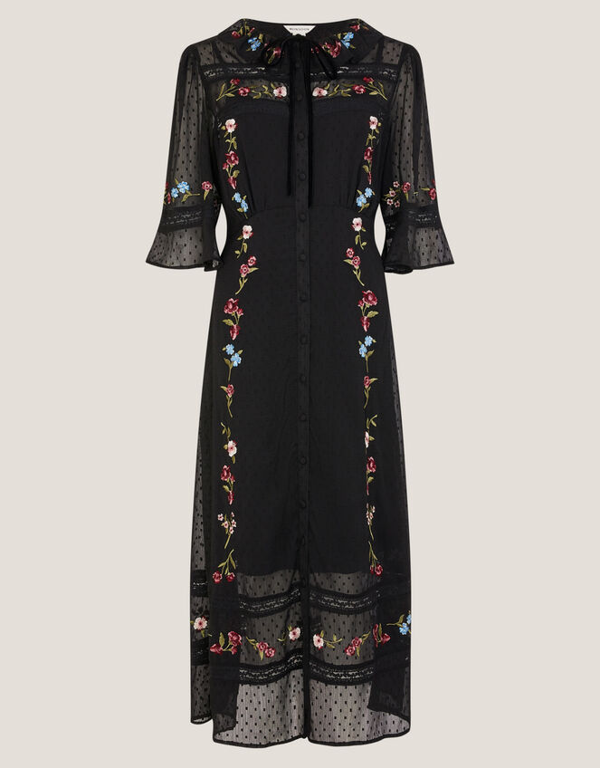 Alyssa Floral Embroidered Lace Midi Dress, Black (BLACK), large