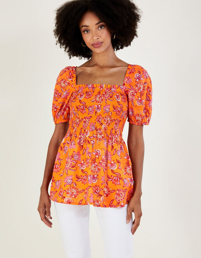 Floral Print Shirred Bodice Top in Sustainable Cotton Orange Tops & T