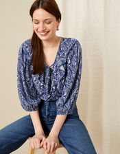 Paisley Ruffle Neck Top, Blue (BLUE), large