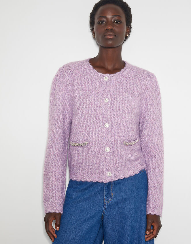 Jaz Jewel Woven Knit Cardigan, Purple (LILAC), large