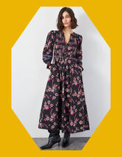East Madison Long Sleeve Floral Midi Dress, Black (BLACK), large