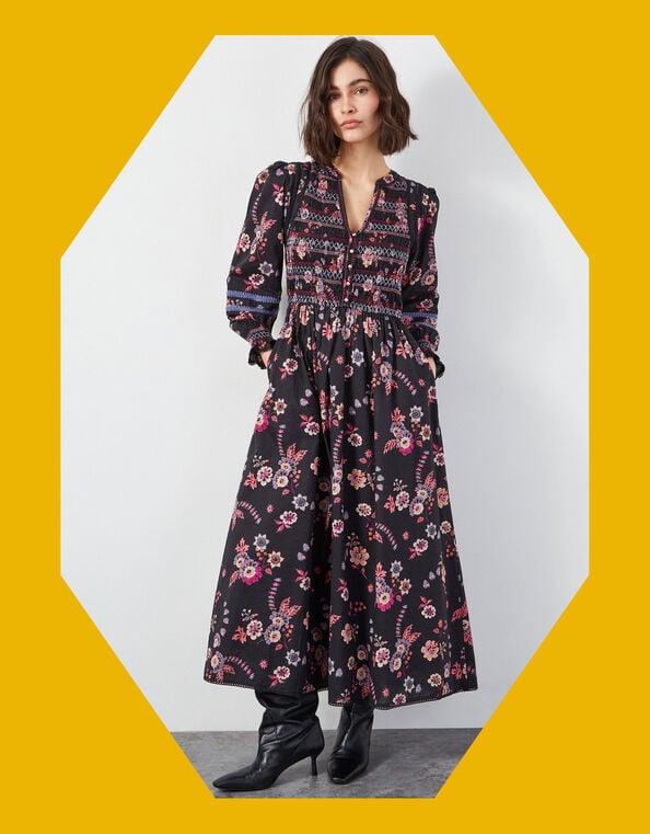 East Madison Long Sleeve Floral Midi Dress, Black (BLACK), large