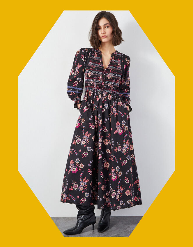 East Madison Long Sleeve Floral Midi Dress, Black (BLACK), large