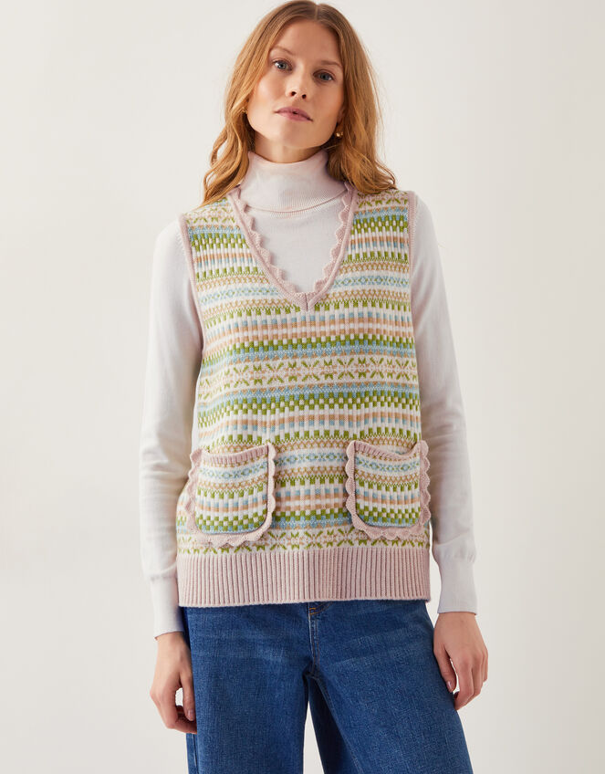 Fawn Fair Isle Knitted Vest, Green (GREEN), large