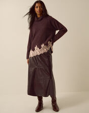Lana Lace Funnel Neck Jumper, Brown (CHOCOLATE), large