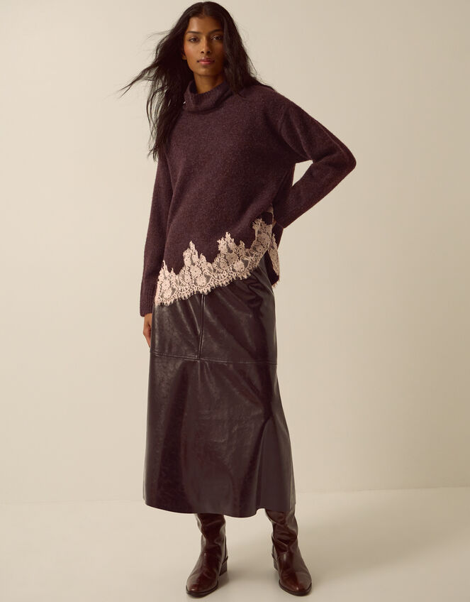 Lana Lace Funnel Neck Jumper, Brown (CHOCOLATE), large