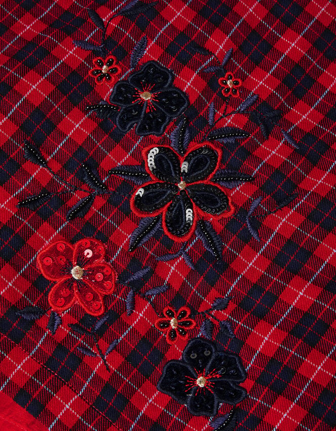 Floral Embroidered Tartan Kilt Skirt, Red (RED), large