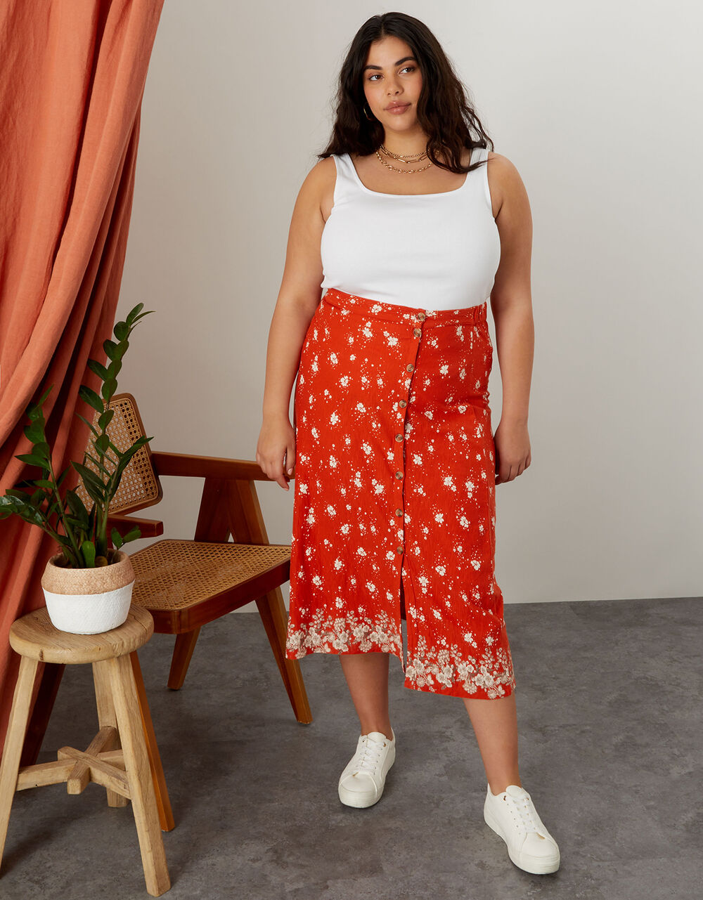 Women Women's Clothing | Ditsy Floral Side Button Midi Skirt Red - QH34402
