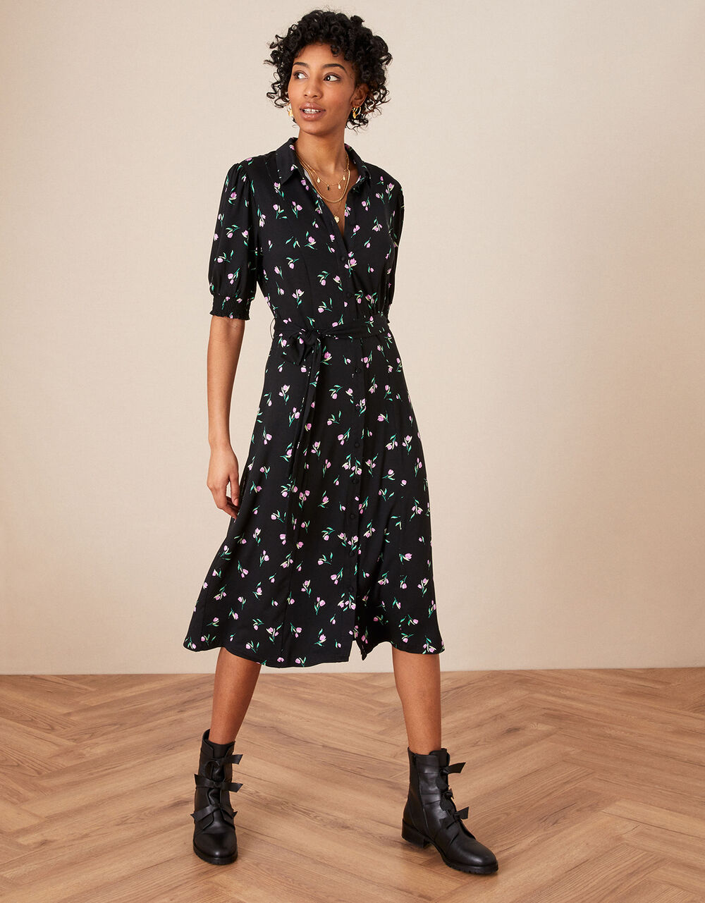 Women Dresses | Floral Print Midi Shirt Dress Black - GL23218