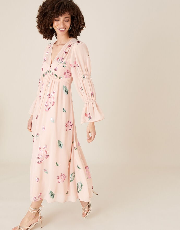 Light Tea Yellow Colored Pink Floral Striped Embroidery Work Dress Material
