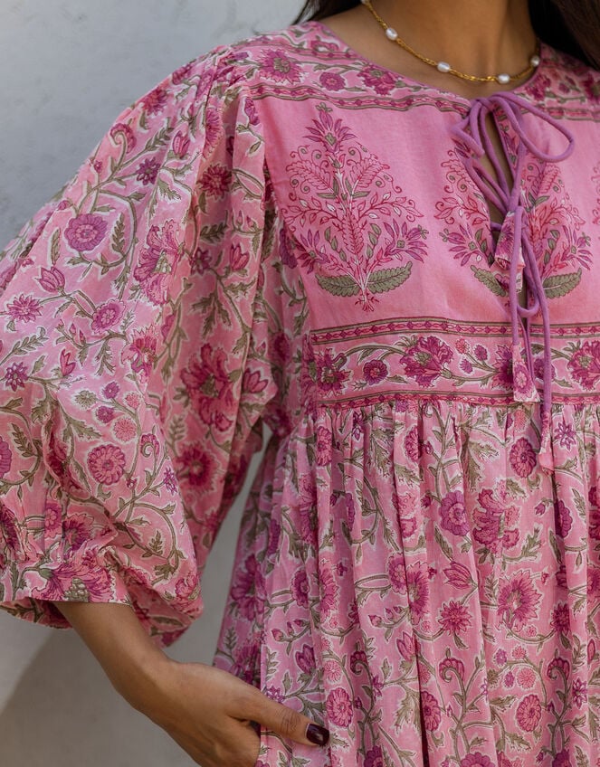 Dilli Grey Fara Floral Block Print Midi Dress, Pink (PINK), large