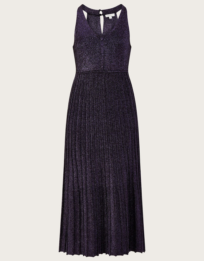 Metallic Midi Halter Neck Dress with Recycled Polyester, Purple (PURPLE), large