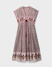 East Karmen Hand-Woodblock Floral Printed Cotton Waisted Midi Dress, Pink (PINK), large
