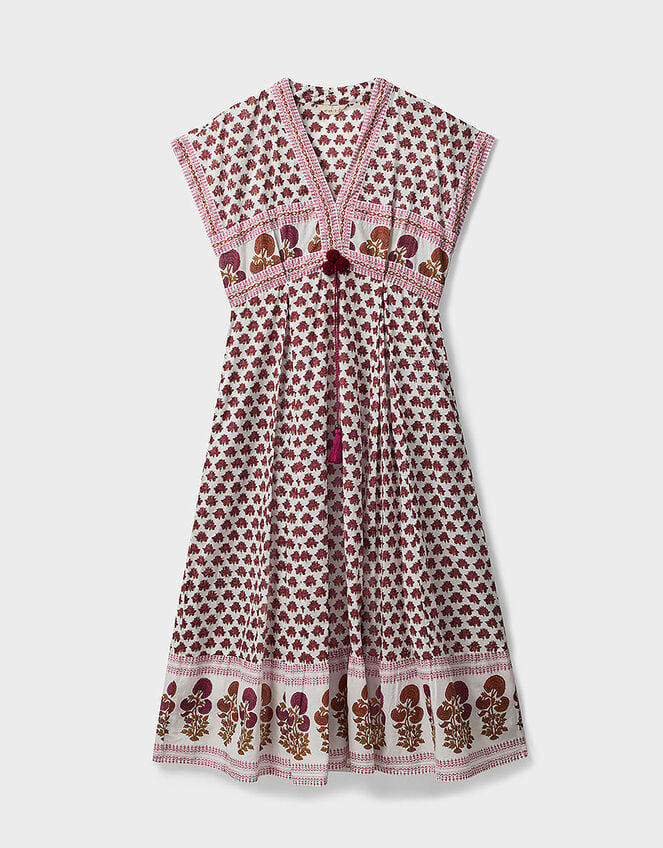 East Karmen Hand-Woodblock Floral Printed Cotton Waisted Midi Dress, Pink (PINK), large