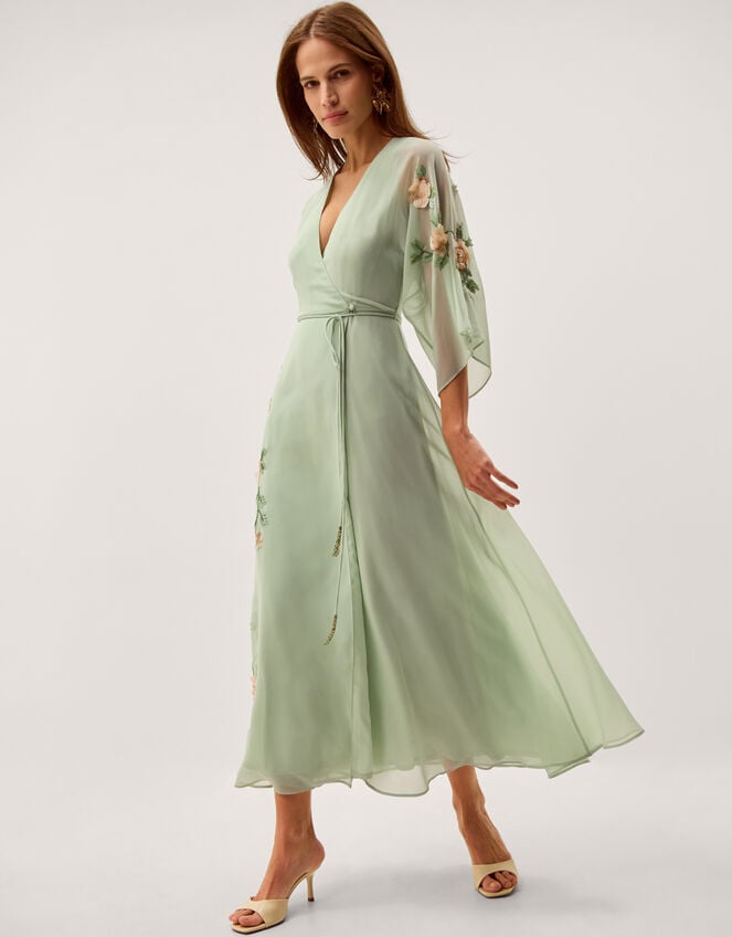 sage green wrap dress Long Sleeve Foil Short Wrap Dress In Sage Gold