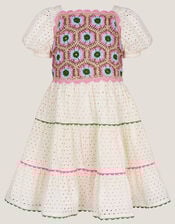 Crochet Broderie Puff-Sleeve Dress, Ivory (IVORY), large