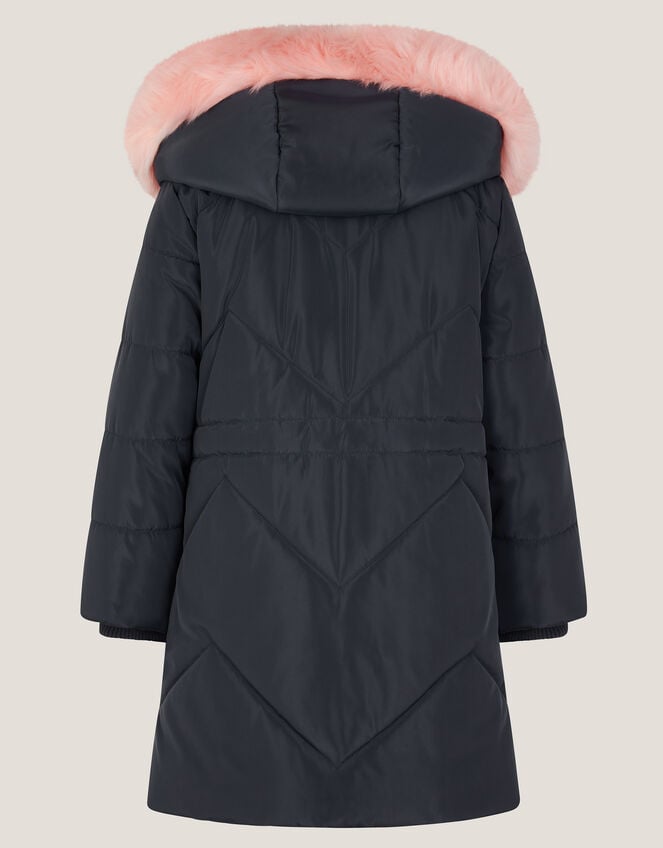 Hooded Faux Fur Puffer Coat, Blue (NAVY), large