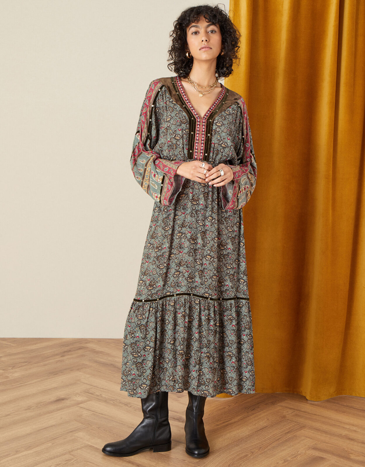 Heritage Print Velvet Trim Dress Green