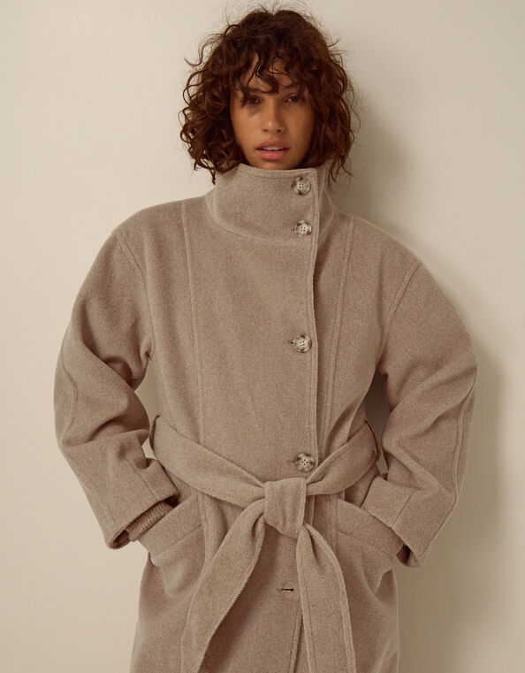 Millie Funnel Neck Belted Coat, Mink (MINK), large