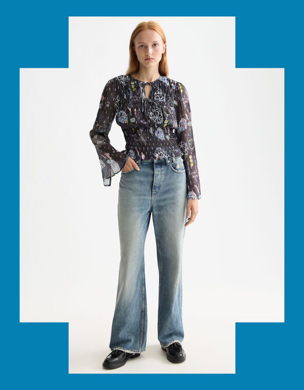 Scotch & Soda Print Smocked Waist Top, Blue (NAVY), large