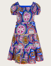 Short Sleeve Scallop Print Dress, Blue (BLUE), large