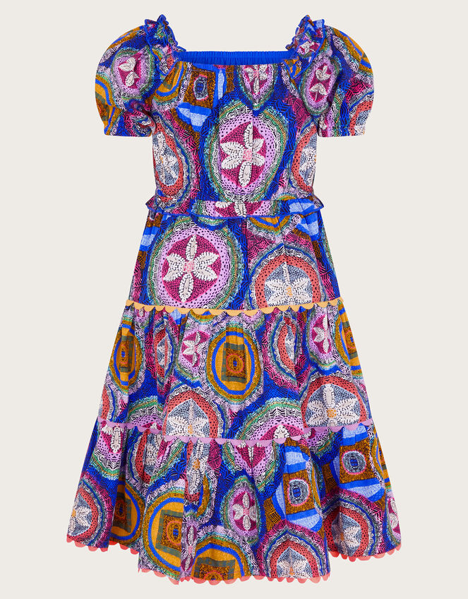 Short Sleeve Scallop Print Dress, Blue (BLUE), large