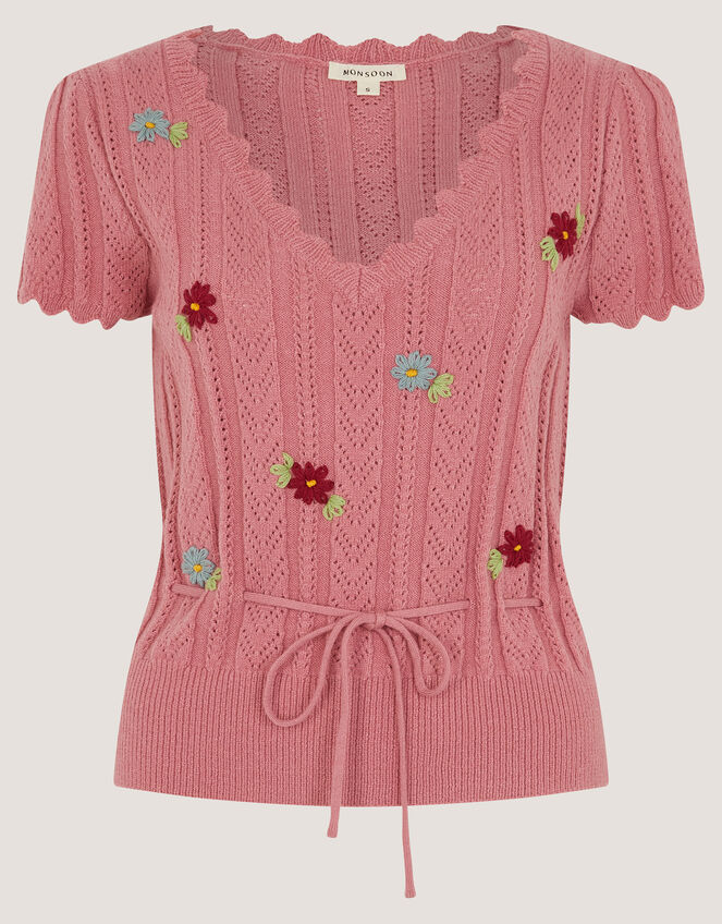 Edie Floral Embroidered Short Sleeve Jumper Pink