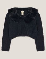 Faux Fur Collar Cardigan, Blue (NAVY), large